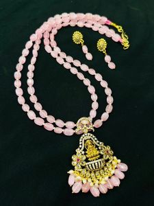 2 Layer Monolisa Beads Necklace With Victorian (Lakshmi) Pendant, Light Pink