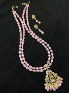2 Layer Monolisa Beads Necklace With Victorian (Lakshmi) Pendant, Light Pink
