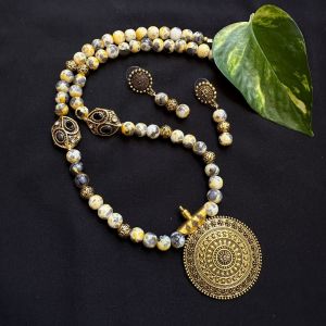Printed Glass Beads Necklace With Antique Gold Pendant And Victorian Spacers