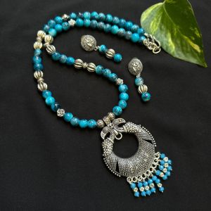 Printed Glass Beads Necklace With Antique Silver Pendant