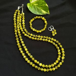 2 Layer Printed Glass Beads Necklace With Earrings And Bracelet, Olive Green