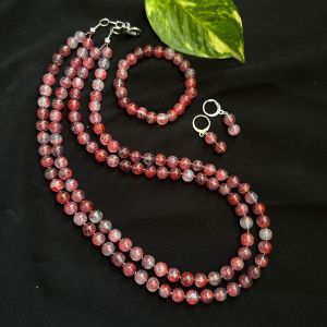2 Layer Printed Glass Beads Necklace With Earrings And Bracelet, Maroon With Grey