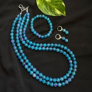 2 Layer Printed Glass Beads Necklace With Earrings And Bracelet, Peacock Blue