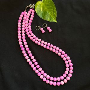 Printed Glass Bead Necklace In 2 Layers With Earrings, Pink With Purple