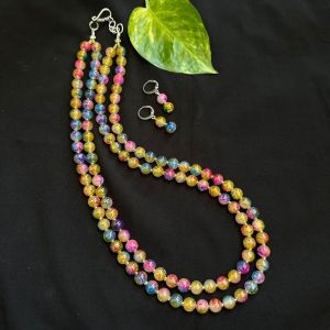 Printed Glass Bead Necklace In 2 Layers With Earrings, Multicolor