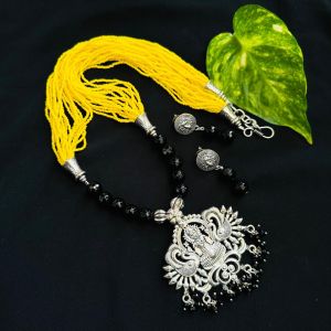 Yellow Seed Beads Necklace With Lakshmi Pendant