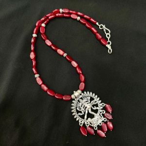 Flat Oval Glass Beads Necklace With Nataraja Pendent, Maroon