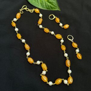 Natural Quartz Beads And Shell Pearl Necklace, Yellow