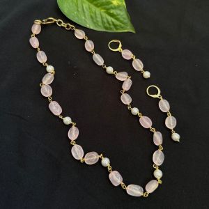Natural Quartz Beads And Shell Pearl Necklace, Baby Pink