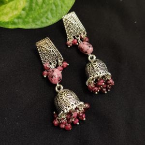 Oxidised Silver Jhumkas With Antique Silver Stud