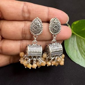 Mustard Brown Agate Beads Jhumkas With Teardrop Stud