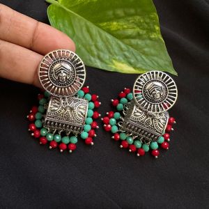 German Silver (Box) Jhumkas With Dhurga Stud, Sea Green And Red