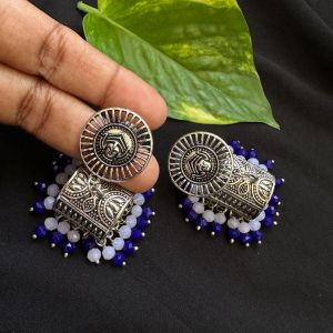 German Silver (Box) Jhumkas With Dhurga Stud, Blue
