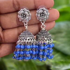 German Silver Jhumkas With Flower Stud, Blue