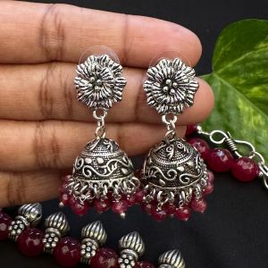 German Silver Jhumkas With Agate Beads
