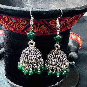German Silver Jhumkas With Green Beads