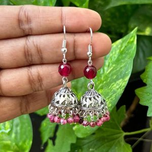 German Silver Jhumkas With Semi Precious Beads, Ruby Pink