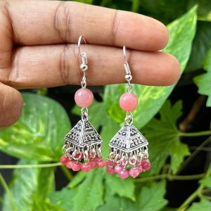 German Silver (Triangle) Jhumkas With Semi Precious Beads, Peach
