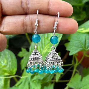 German Silver (Triangle) Jhumkas With Semi Precious Beads, Aqua Blue