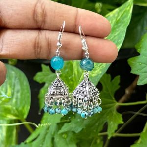 German Silver (Triangle) Jhumkas With Semi Precious Beads, Peacock Green