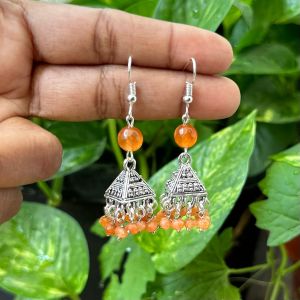 German Silver (Triangle) Jhumkas With Semi Precious Beads, Light Orange