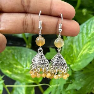 German Silver (Triangle) Jhumkas With Semi Precious Beads, Mustard Yellow