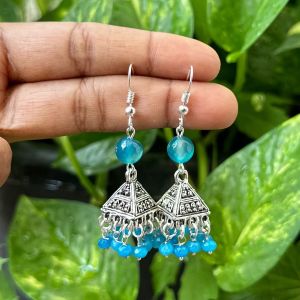 German Silver (Triangle) Jhumkas With Semi Precious Beads, Sky Blue