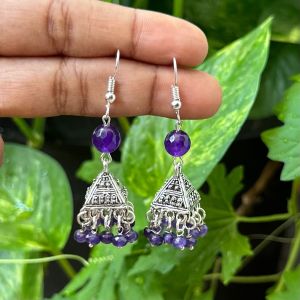 German Silver (Triangle) Jhumkas With Semi Precious Beads, Violet