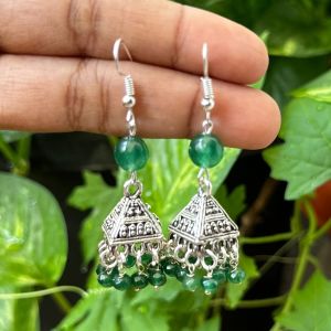 German Silver (Triangle) Jhumkas With Semi Precious Beads, Green