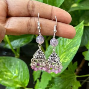 German Silver (Triangle) Jhumkas With Semi Precious Beads, Light Lavender