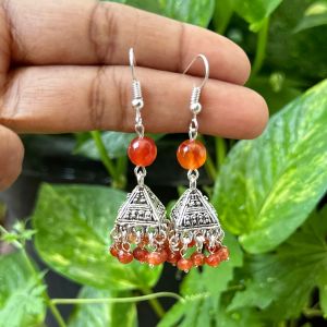 German Silver (Triangle) Jhumkas With Semi Precious Beads, Orange