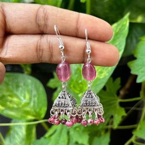 German Silver (Triangle) Jhumkas With Semi Precious Beads