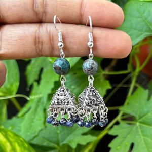 German Silver (Triangle) Jhumkas With Semi Precious Beads, Blue With Black