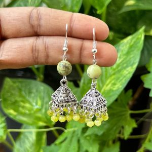 German Silver (Triangle) Jhumkas With Semi Precious Beads, Yellow