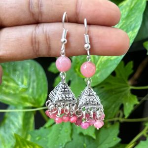 German Silver (Triangle) Jhumkas With Semi Precious Beads, Light Peach