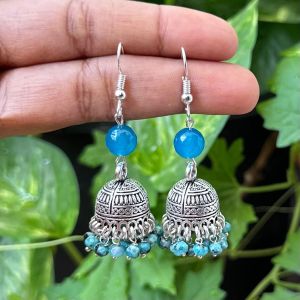 German Silver Jhumkas With Semi Precious Beads, Light Blue