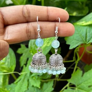 German Silver Jhumkas With Semi Precious Beads, Very Light Green