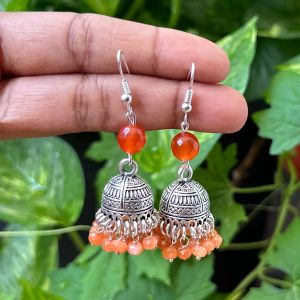 German Silver Jhumkas With Semi Precious Beads, Orange