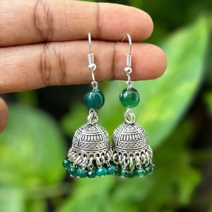 German Silver Jhumkas With Semi Precious Beads, Dark Green