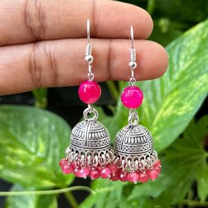 German Silver Jhumkas With Semi Precious Beads, Dark Pink