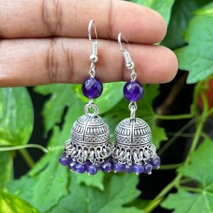 German Silver Jhumkas With Semi Precious Beads, Violet
