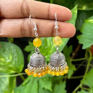 German Silver Jhumkas With Semi Precious Beads, Yellow