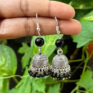 German Silver Jhumkas With Semi Precious Beads, Black