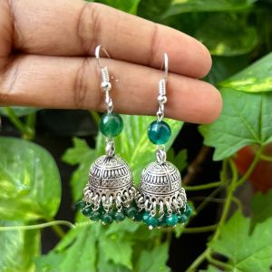 German Silver Jhumkas With Semi Precious Beads, Green