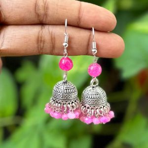 German Silver Jhumkas With Semi Precious Beads, Pink