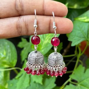 German Silver Jhumkas With Semi Precious Beads, Ruby Pink