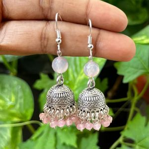 German Silver Jhumkas With Semi Precious Beads, Baby Pink
