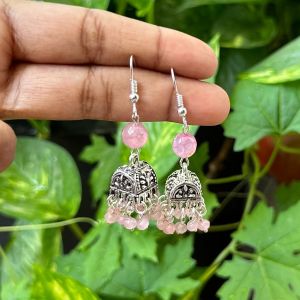 German Silver (Box) Jhumkas With Semi Precious Beads, Light Pink