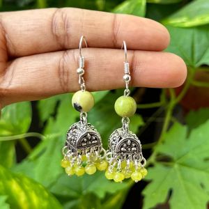 German Silver (Box) Jhumkas With Semi Precious Beads, Lemon Yellow