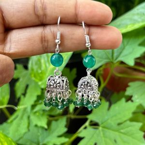 German Silver (Box) Jhumkas With Semi Precious Beads, Green